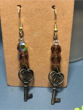 Gold-Tone Key Dangle Earrings with Brown Faceted Beads